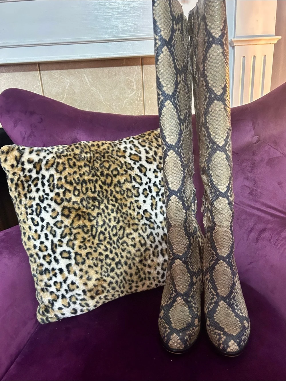Snake-Print Knee High Boots in Beige and Black - Sam Edelman